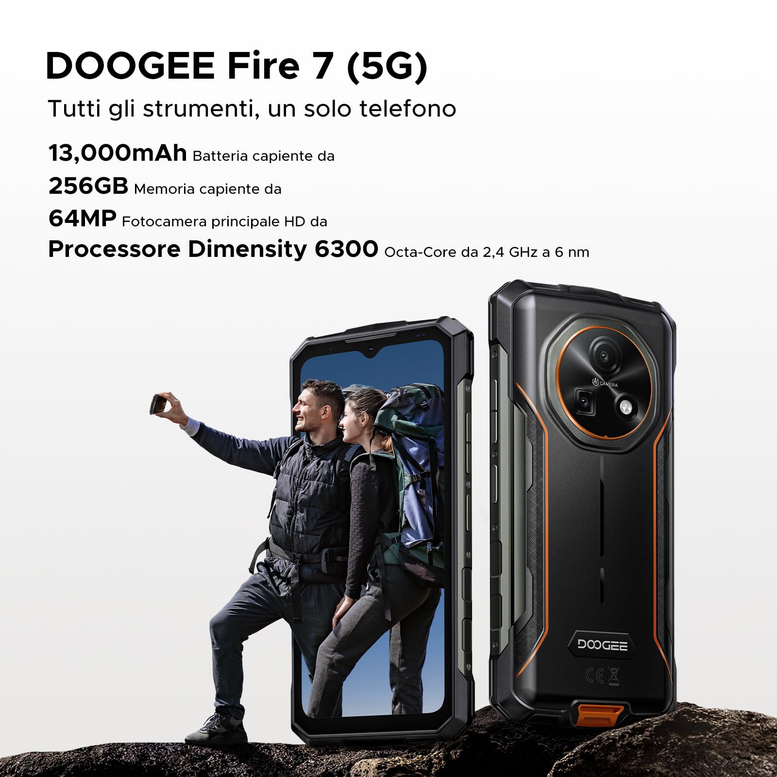 DOOGEE Fire 7 Rugged Smartphone 5G Android 15, 16GB+256GB/2TB Telefono Cellulare, 13000mAh Telefono Indistruttibile, Gemini AI 64MP+16MP Rugged Phone, MTK 6300 Octa Core/Dual SIM/NFC/GPS/IP68/BT5.2