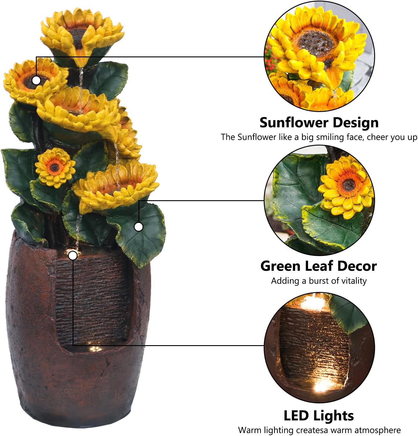 YZM Cascading Sunflower Water Fountain 39.7 Inch Tall 4-Tier Outdoor Fountain for Garden Patio Backyard Freestanding Decorative Waterfall with Lights
