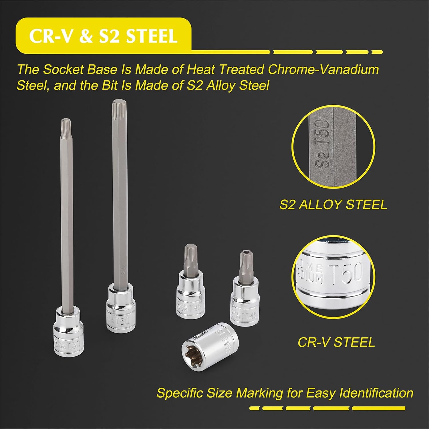 EMENTOL 48PCS 3/8"Dr. Master Torx Bit Socket Set, CR-V, S2 Steel, 5.9" Length Star Bit Socket Set, E4 -E20, T10-T60, TT10-TT60