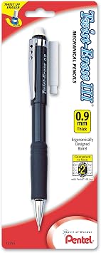 Pentel Twist-Erase III Automatic Pencil with 1 Eraser Refill, 0.9mm, Assorted Barrels, 1 Pack QE519BP-K6