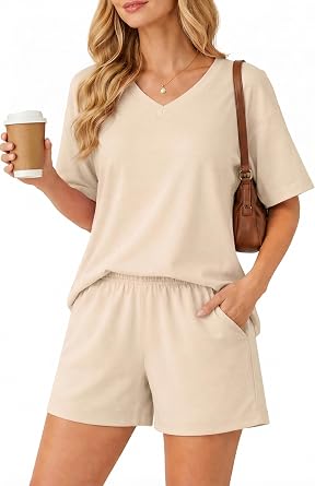 Womens 2 Piece Sets Summer Sweatsuit Outfits 2026 Lounge Set Sleeve Tops And Elastic Waist Shorts With Pockets