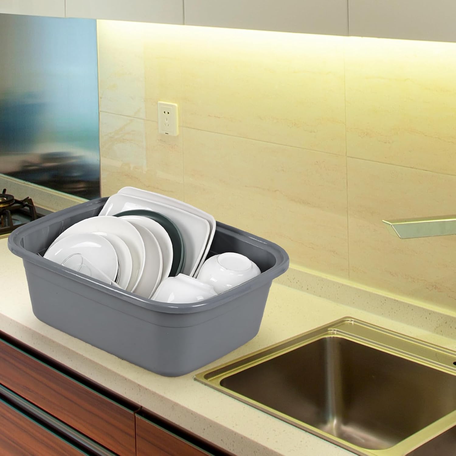 3 Pack 18 Quart Plastic Dish Pan, Large Rectangular Wash Basin, Grey