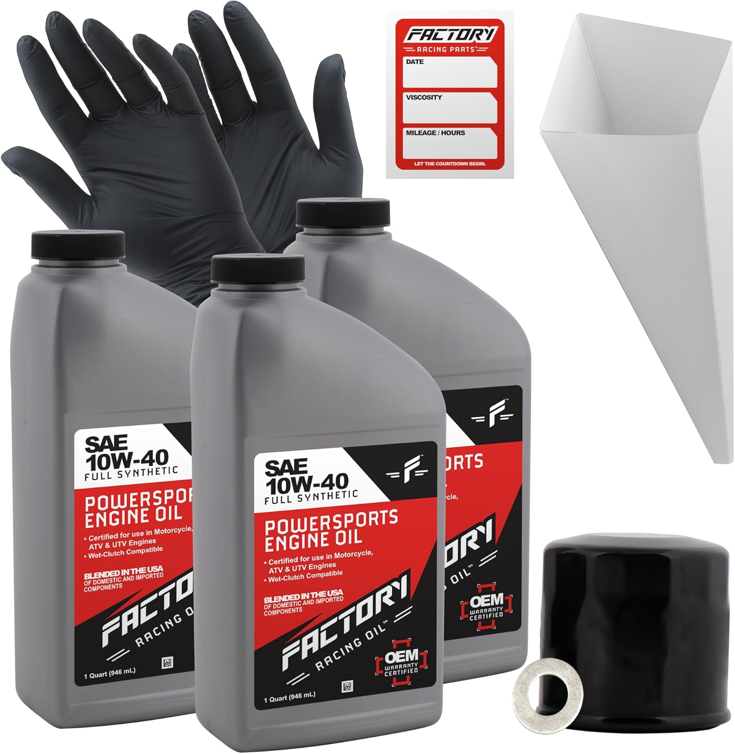 Factory Racing Parts Oil Change Kit compatible with Suzuki LT-V700F Twin Peaks 4x4 – Includes 3 Quarts of 10W-40 Full Synthetic Oil, 1 Filter, 1 Crush Washer, 1 Funnel, 1 Oil Change Reminder Sticker