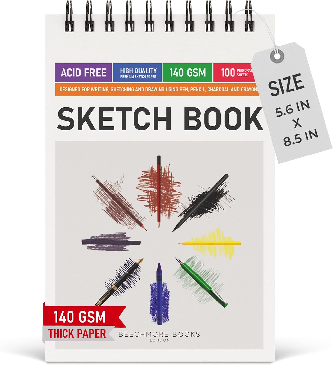 BEECHMORE BOOKS 9"x12" Spiral Bound Sketchbook - 100 Perforated Sheets 140 GSM (95lb) Acid-Free White Paper, Premium Professional Artist Sketch Pad, Art Supplies for Adults Students Drawing Notebook