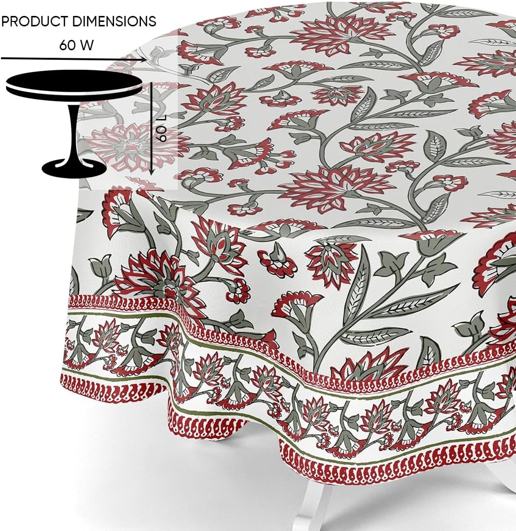 100% Organic Cotton Red Table Cloth, Indian Block Print Table Linen for Dining, Parties, Wedding, Outdoors Home Decor | 60 INCH Round | 4-6 Seater - Crimson Red and Sage Floral Vatika - Image 4