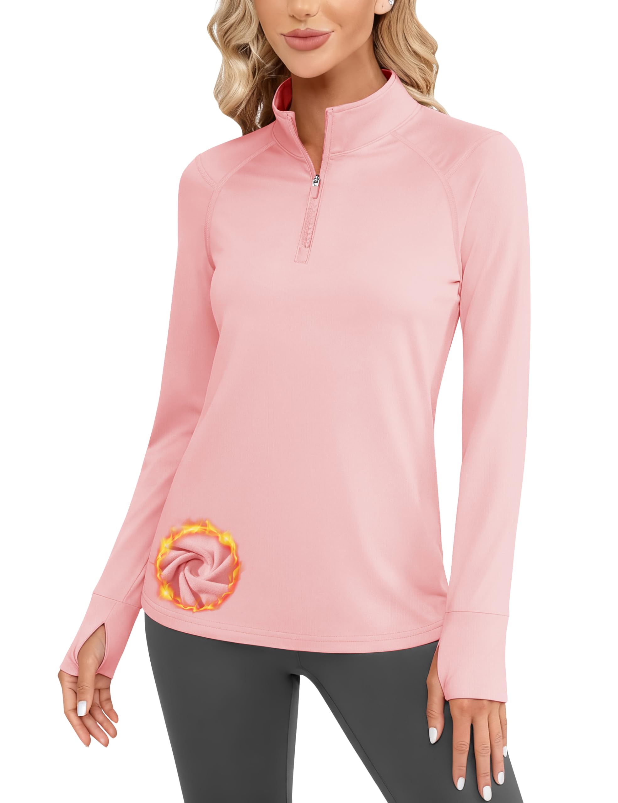 Cavva Women's Fleece Quarter Zip Pullover Running Shirt Thermal Long Sleeve Tee Athletic Workout Tops Thumb Hole