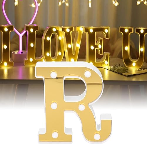 Miniatura 7 de ViaGasaFamido Lámpara de letrero R, lámpara decorativa con letras LED doradas, letras blancas cálidas para dormitorio, boda, fiesta de cumpleaños