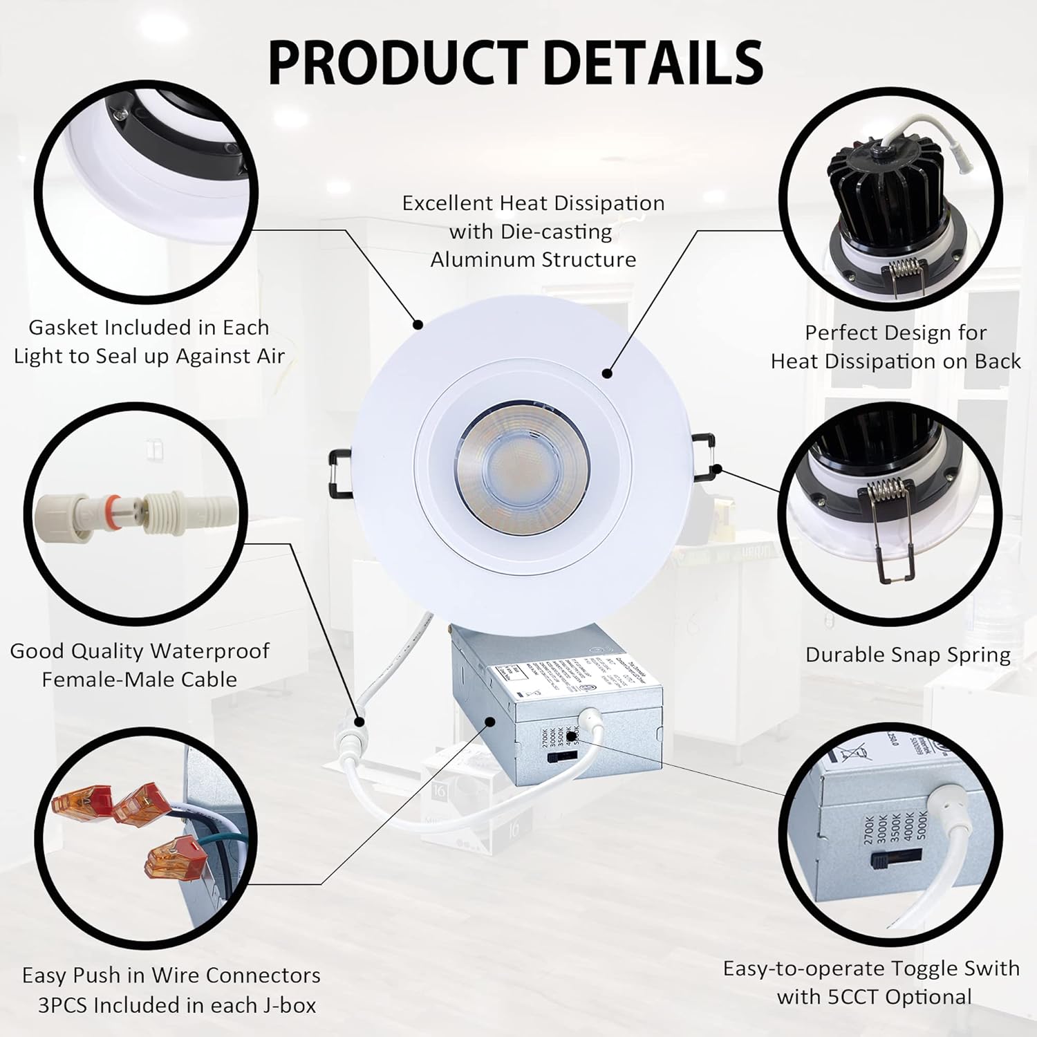 Canless Recessed Gimbal Downlight - Suitable for 20ft High Ceiling 1200lm 4 Inch 15W LED Rotatable Eyeball Spotlight, 5CCT Dimmable Lights with Junction Box, Anti-Glare White 4 Pack