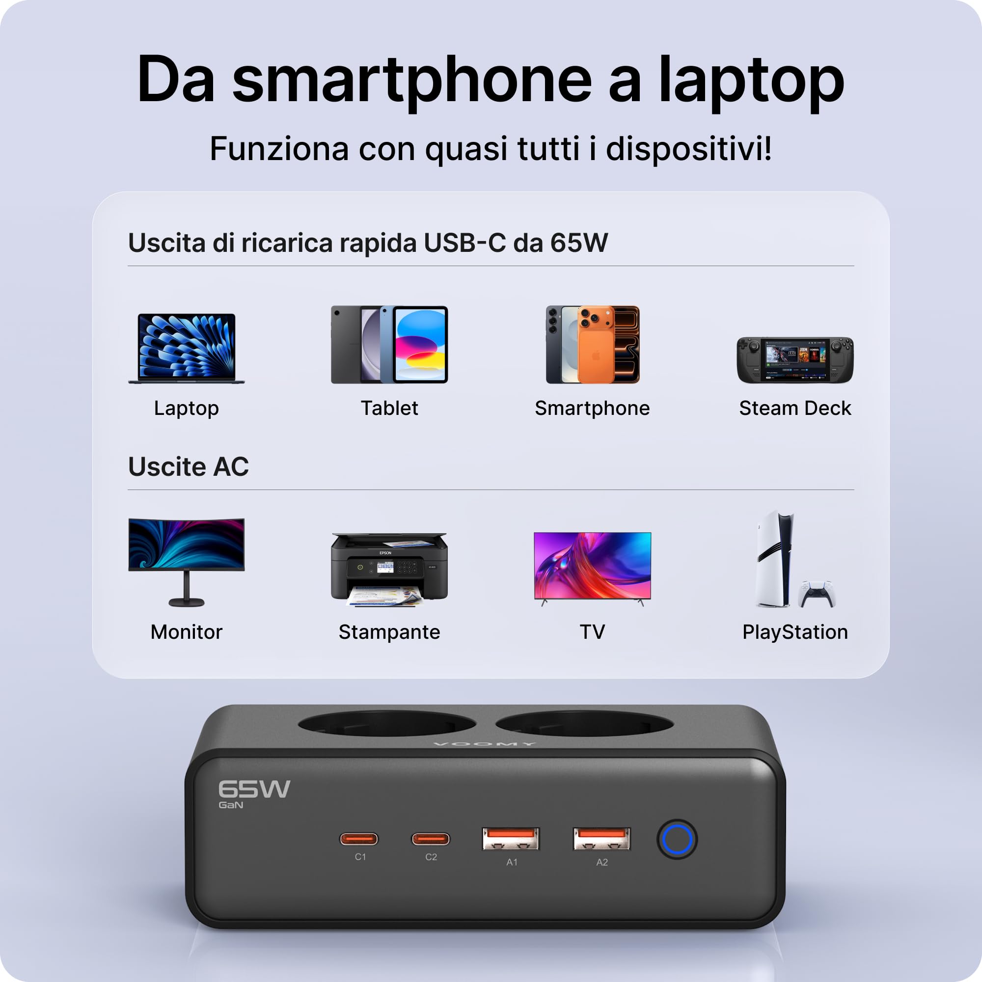 VOOMY Ciabatta Multipresa con 65W Carica Rapida, Presa Multipla Salvaspazio con 2 Spina AC, Ciabatta Multipresa con 2 USB-C & 2 USB-A, Interruttore e Cavo da 2m (Nero, 65W)