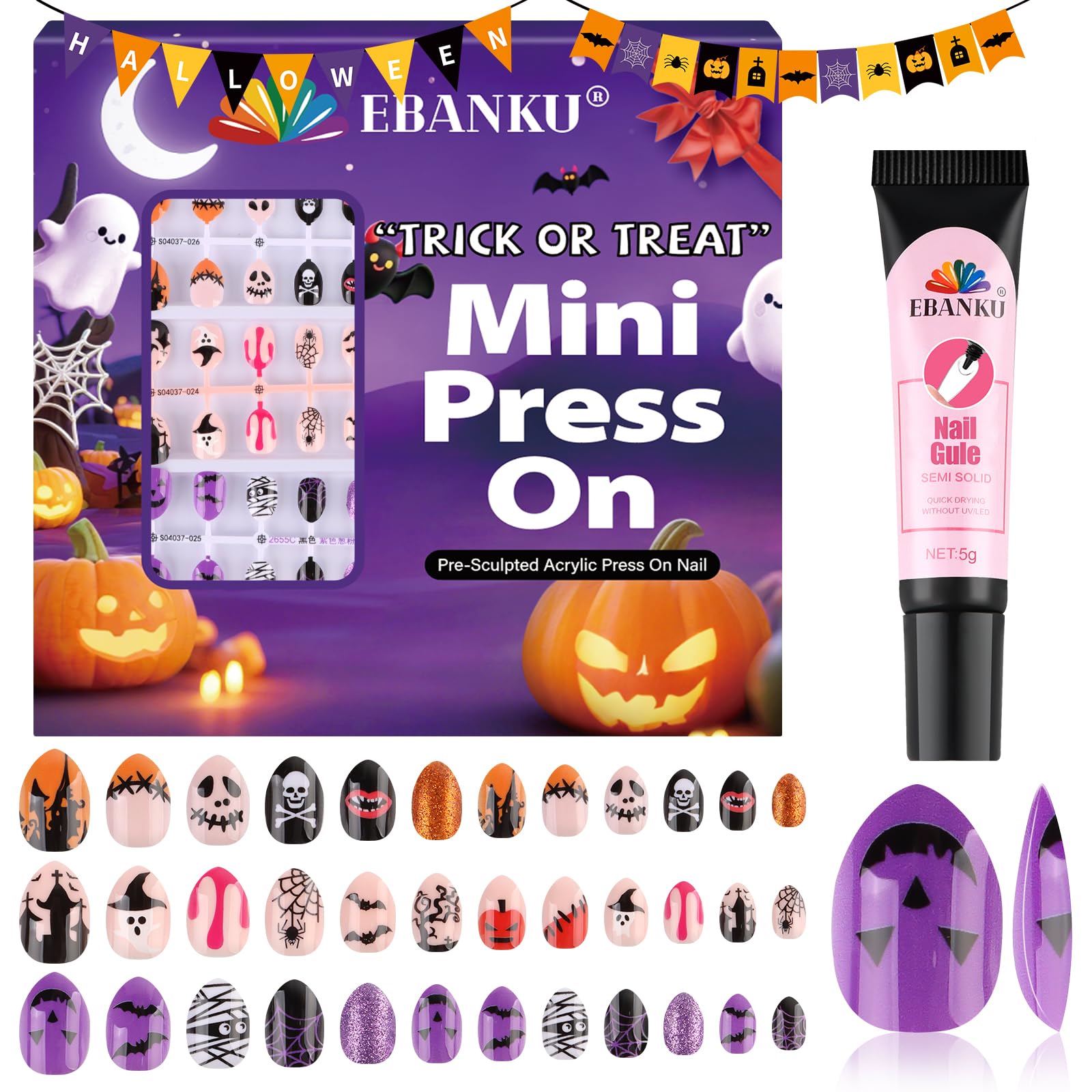 EBANKU Halloween-Kunstnägel für Kinder, 72-teiliges Set mit mandelförmigen Kunstnägeln, Vollabdeckung, Fledermaus- und Kürbis-Design, zum Aufkleben, mit Nagelkleber für Mädchen