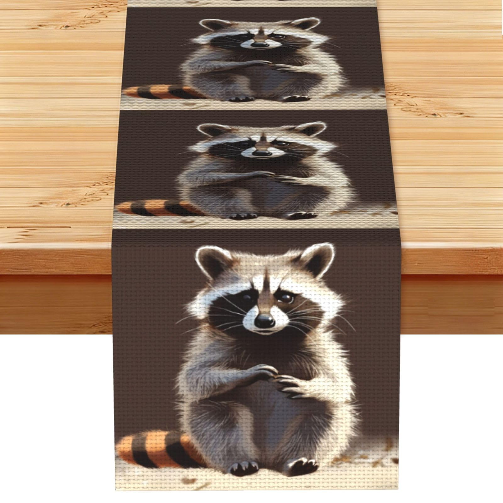 Cute Raccoon Table Runner 13 x 72 Inches Long, Cotton Linen Table Runners for Kitchen Dining Table Decoration - Washable Tablecloth Modern Tablerunner for Home Party Decor