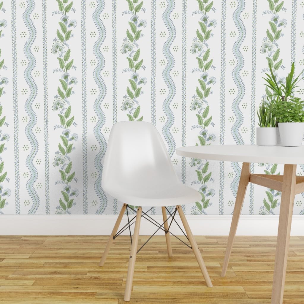 Spoonflower Removable Wallpaper Swatch - Soft Blue Greens White Stripe Green Floral Dots Traditional Custom Pre-Pasted Wallpaper