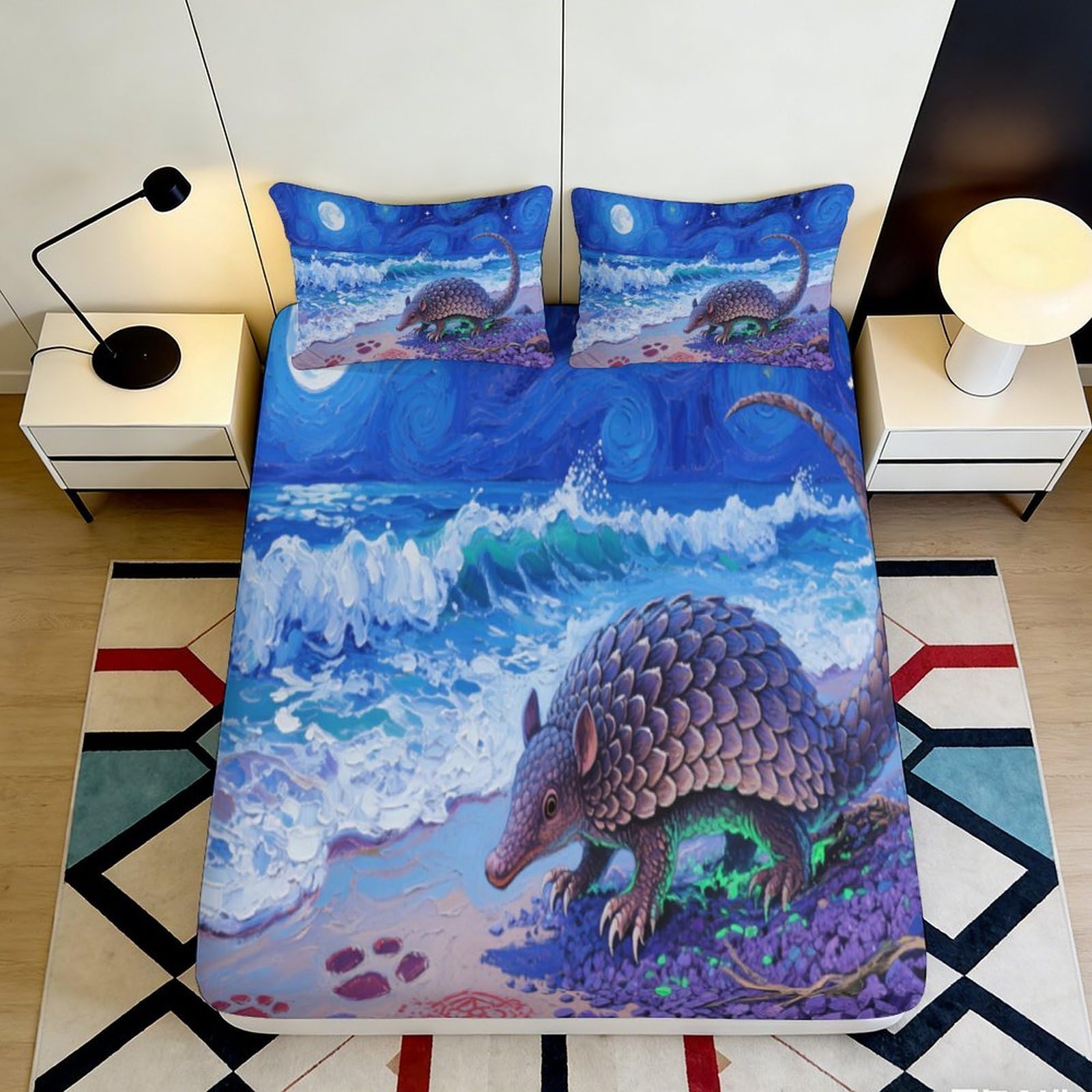3D Printed Ocean Beach Fitted Sheet Microfiber Armadillo Pattern Mattress Cover for Bedroom Dorm Decorative 120x200x25cm