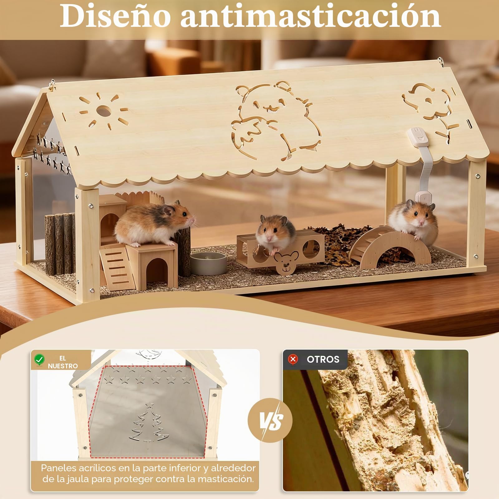 Jaula de hámster de madera con acrílico, jaula de hámster enano, 60 x 30 x 40 cm, villa para hámsters, hámster pequeño con tapa que se abre y escalera de escalada, jaula para ratones para conejillos