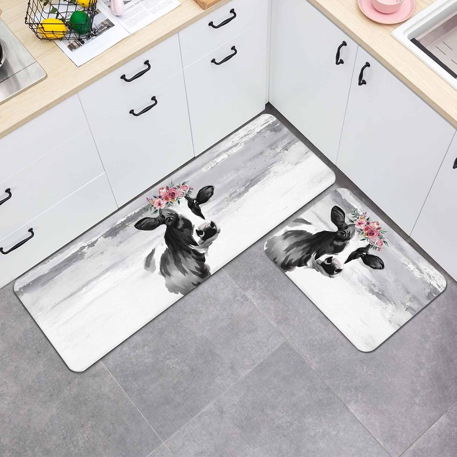 Prime Leader Farm Cow Kitchen Mat Set 2 Pieces Vintage Black Grey Cattle with Floral Non Slip Kitchen Rugs Washable Runner Rug Mats for Sink Laundry (23.6" x 35.4"+23.6" x 70.9")