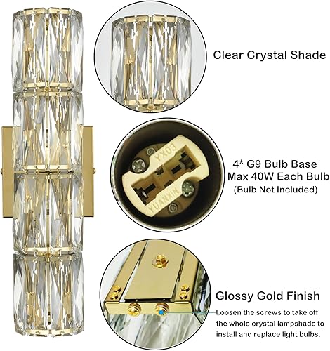 Miniatura 3 de SAMTEEN Aplique de pared dorado moderno de cristal, iluminación de pared de 4 luces para baño, lámpara de tocador de cristal para dormitorio,