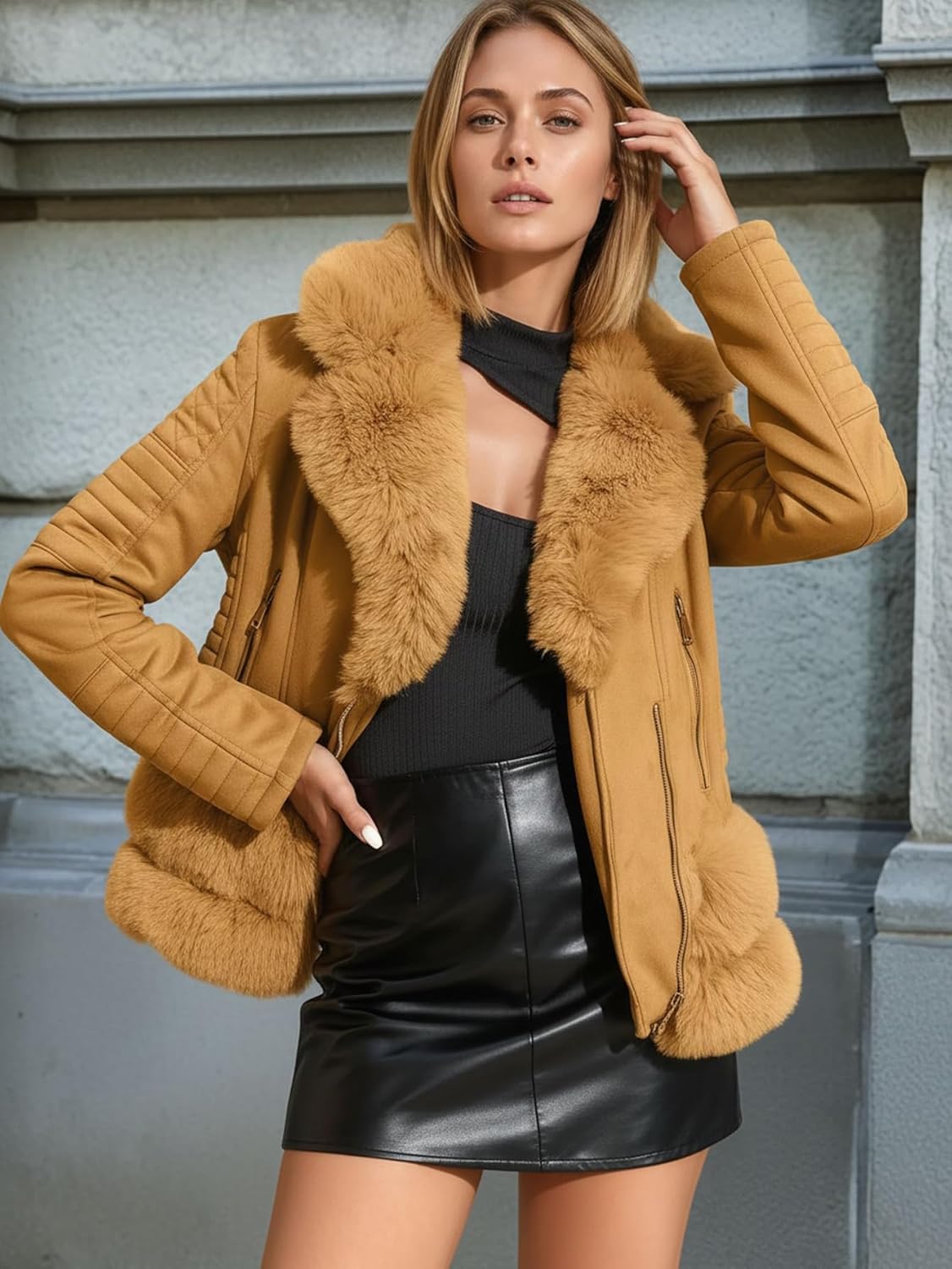 Women's Faux Leather Jacket Spring Motor Biker Clothes Outfits Sherpa-Lined Coat with Removable Fur Collar - Image 2