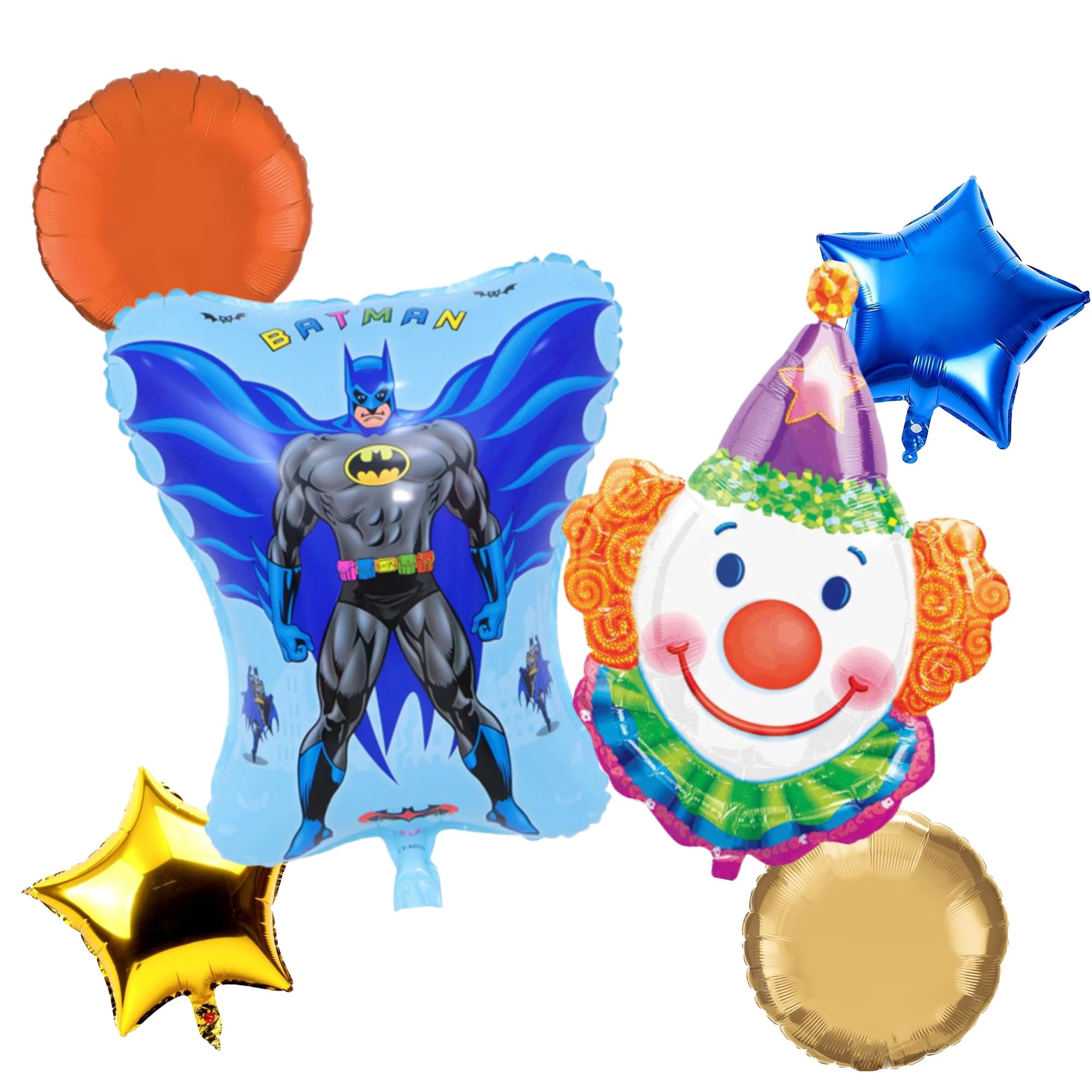 Atpata Funky Dynamic Duo Unite! Batman & Joker Foil Balloons Combo + 2 Round Orange & Golden Balloons + Golden & Blue Star Balloon - Epic Gotham Party Décor!