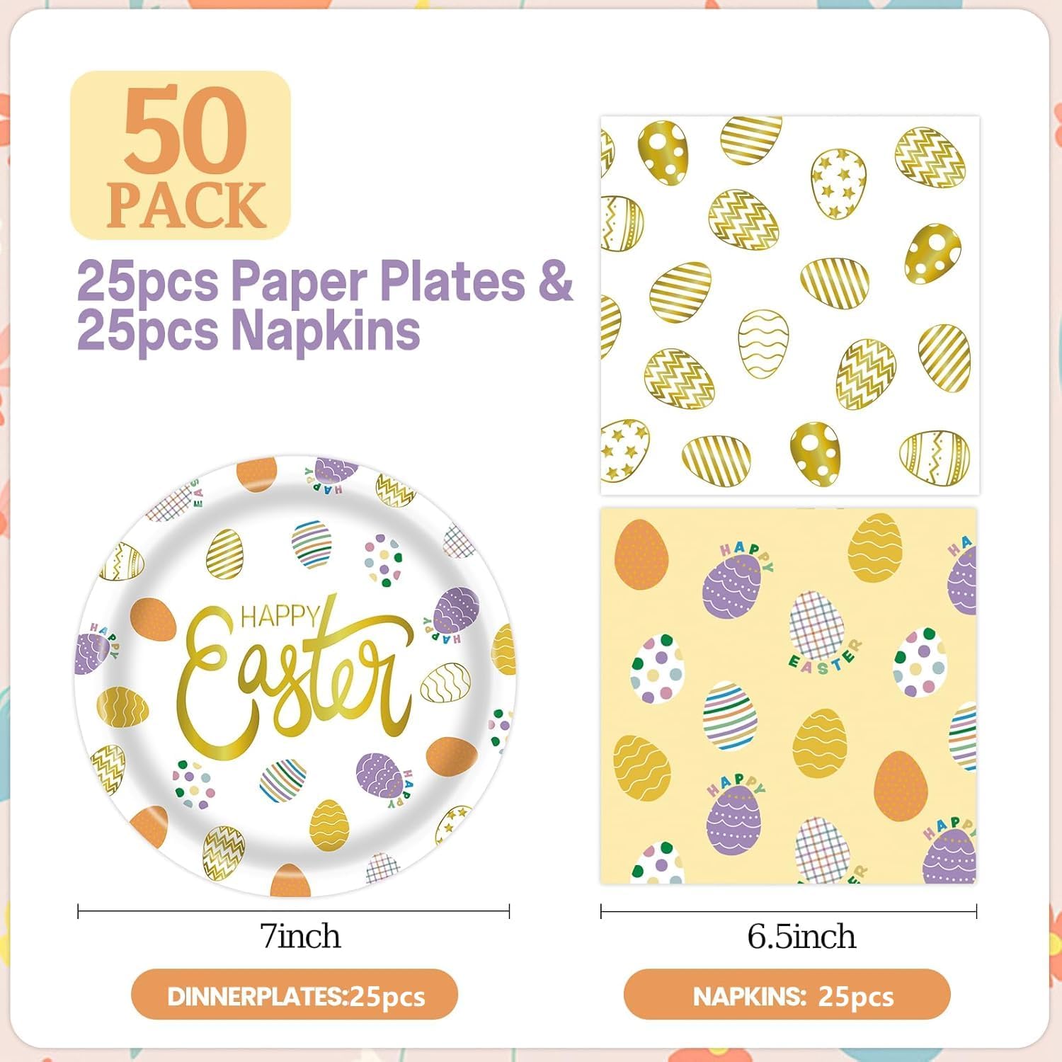 50pcs Easter Paper Plates &Napkins, Disposable 7IN Easter Plates Egg Dinner Napkins Double-sided Paper Party Supplies for Happy Easter Spring Baby Shower Birthday Dinner Decorations Serve 25