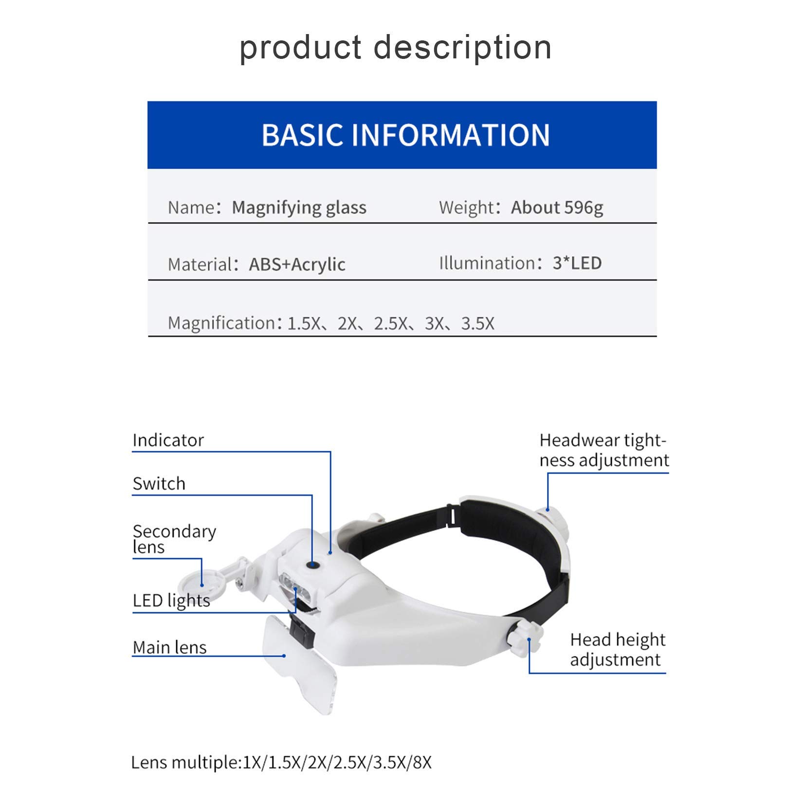 Frontlupe mit 3 LEDs, 6 Linsen (1,5-fache bis 8-fache Vergrößerung), ideal zum Lesen, Schmuck, Basteln und zur Reparatur von Mobiltelefonen. Farbe