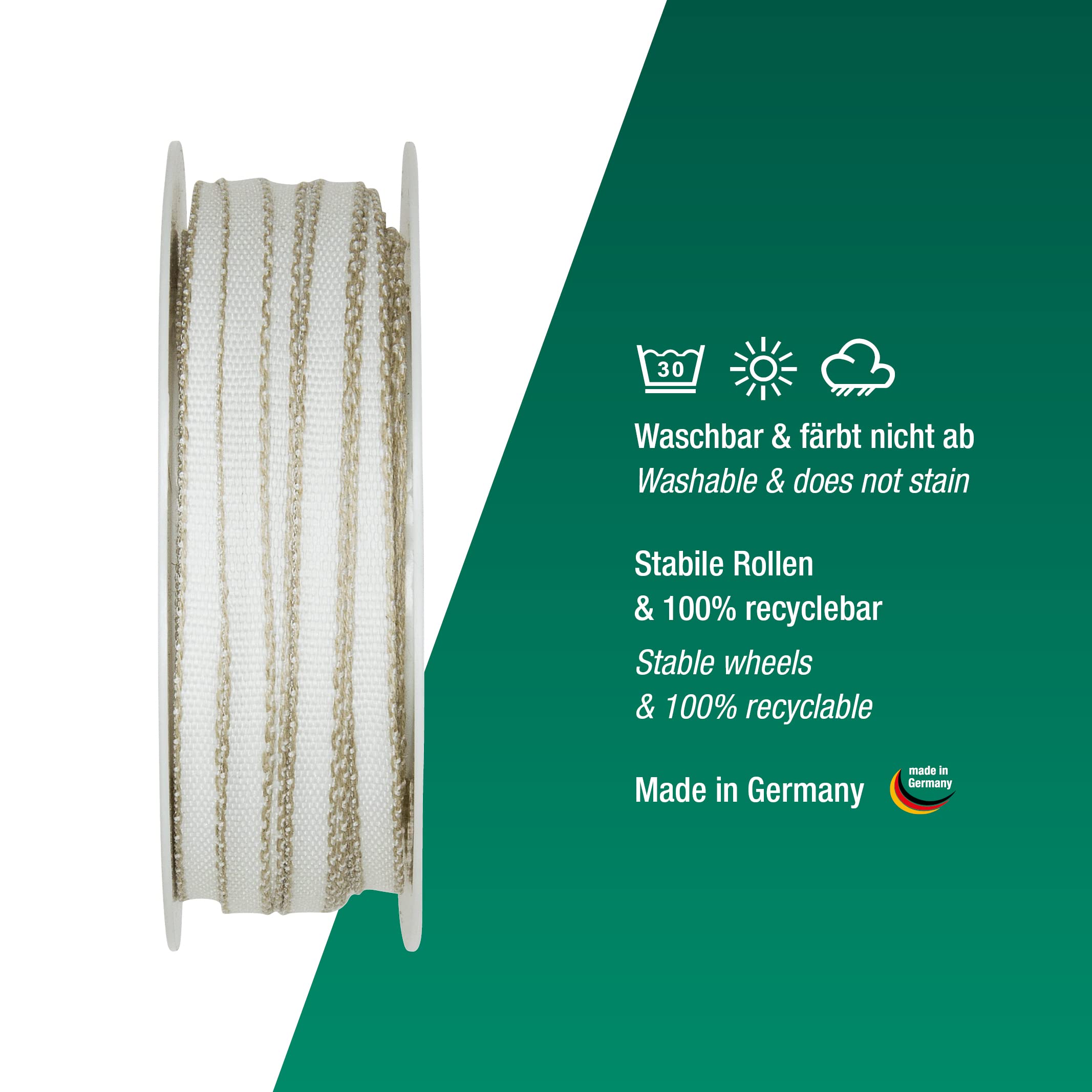 Ruban Décoratif Lin/blanc - 15 Mm X 20 M - Bord Tissé - Fabriqué En Allemagne - Pour Emballage Cadeaux, Déco - 9