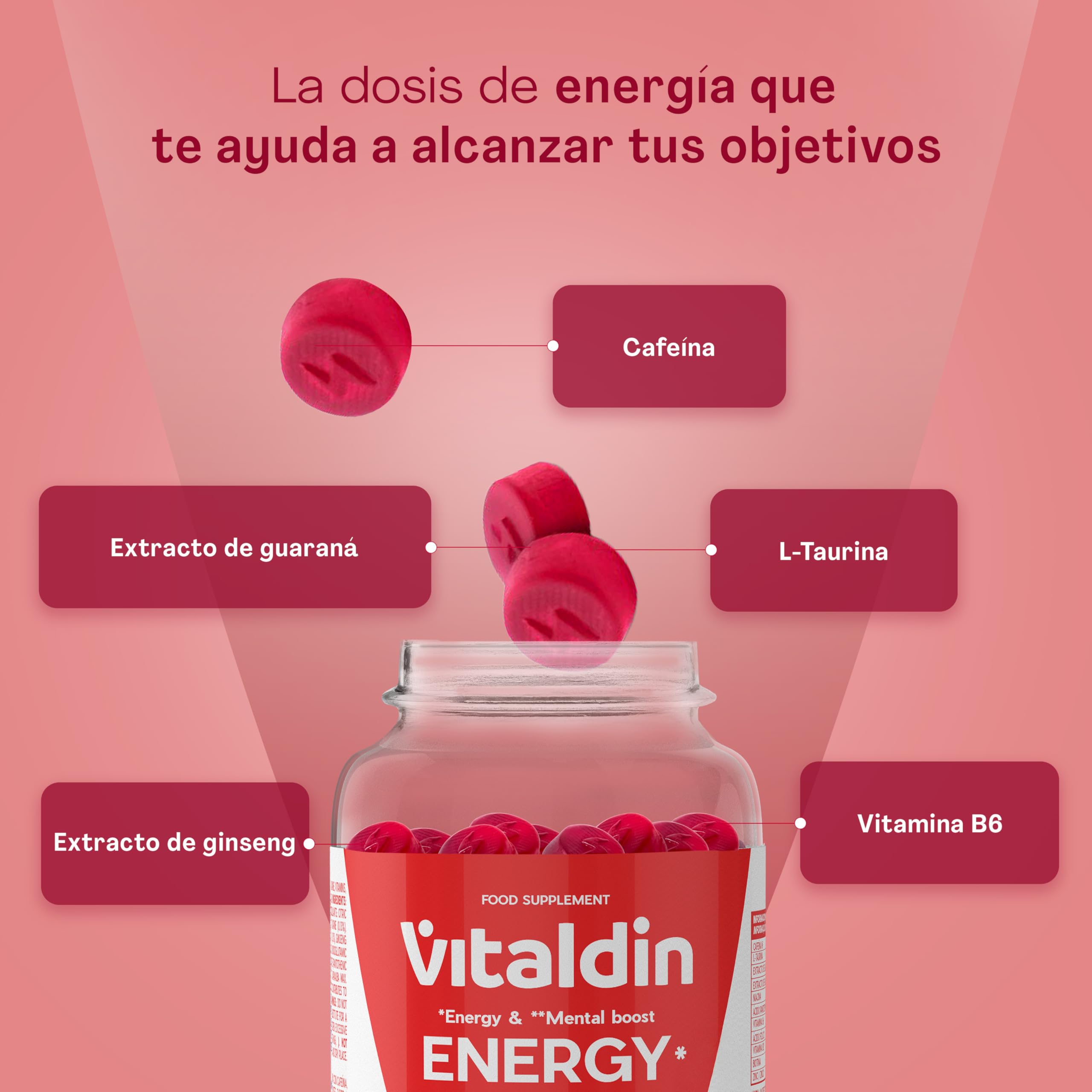 VITALDIN Energy Gummies –Gominolas Energéticas Veganas y Sin Azúcares añadidos–Con Ginseng,Guaraná,Cafeína,Taurina y Vitaminas B–Mejora la Concentración y Reduce la Fatiga–Sabor Cereza–70 gomas