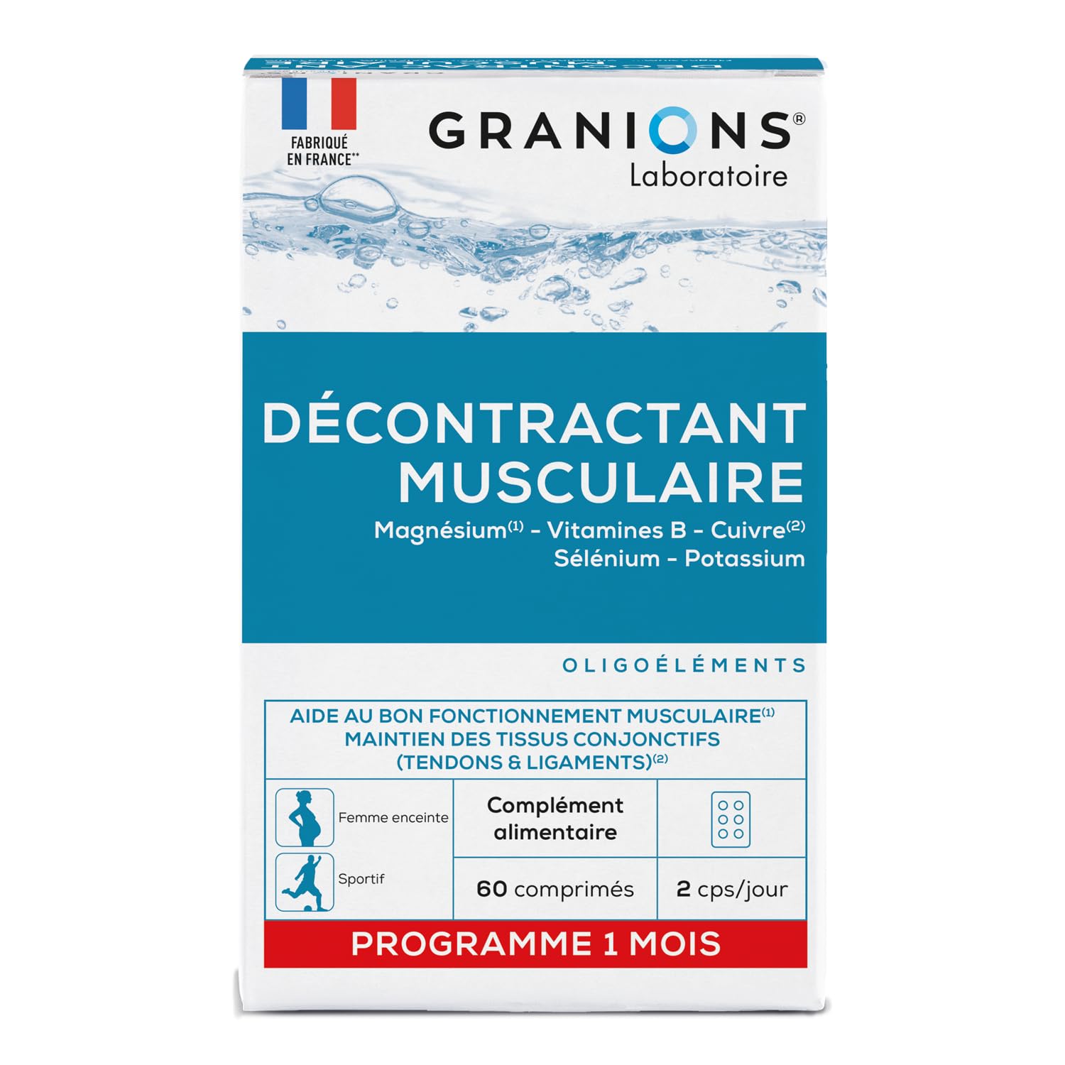 GRANIONS Décontractant Musculaire Crampes, gênes, raideurs musculaires Magnesium, Vit B, Cuivre, Selenium, Potassium Pour toute la famille Fabriqué en France 60 comprimés