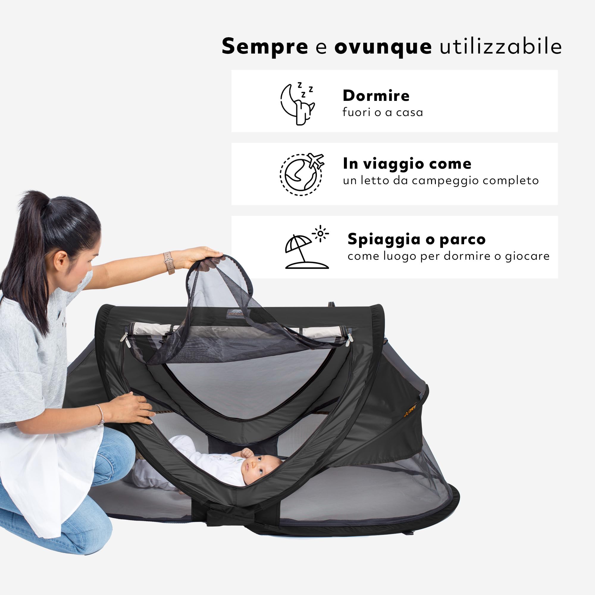 DERYAN Lettino da viaggio Peuter Luxe - Nero - Sistema pop-up - Set-up in soli 2 secondi - Copertura in cotone con cerniera, materasso ad aria autogonfiante e borsa per il trasporto