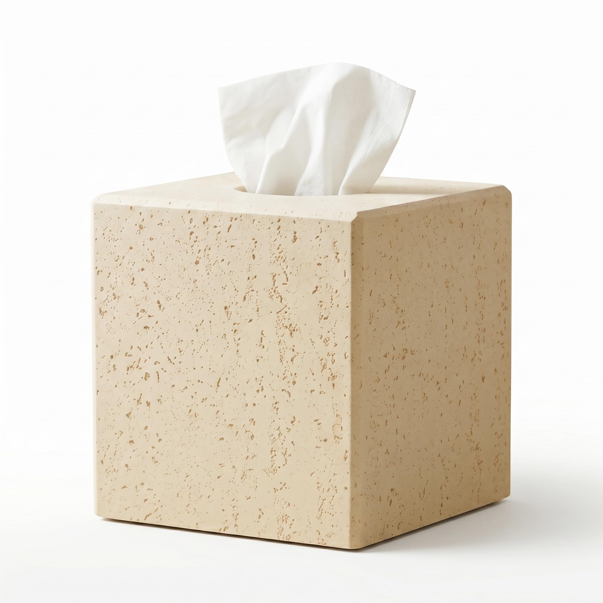 Beige Tissue Box Cover, Modern Square Decorative Tissue Box Holder with Travertine-Inspired Finish, Removable Magnetic Base Lid, Weighted Cover for Bathroom Countertop, Vanity, Office, Bedroom