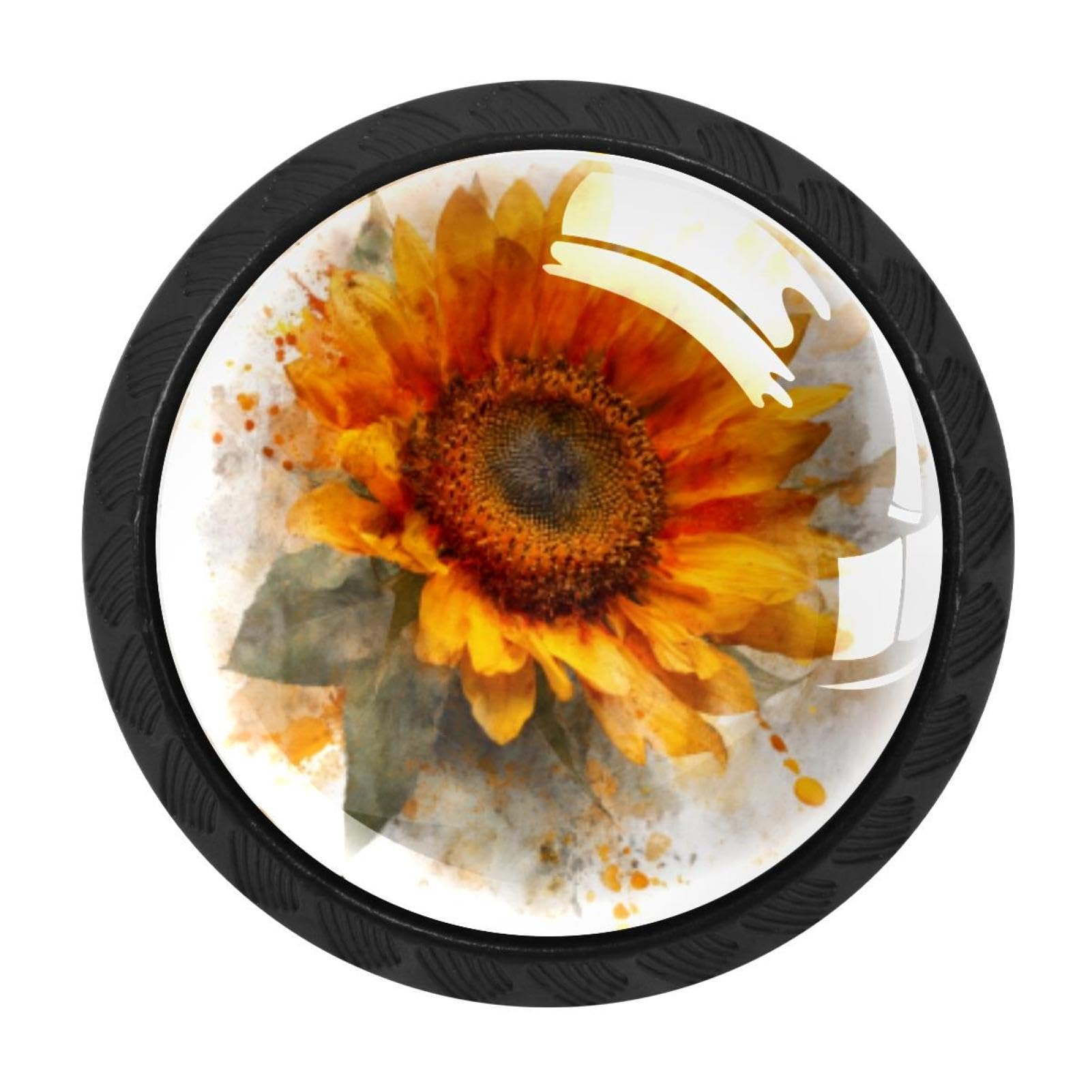 CHENZZZZ 4 Pieces Watercolor Art Sunflower (2) Kitchen Cabinet Knobs Drawer Knobs Dresser Knobs Black Knobs Drawer Pulls Dresser Drawer Handles Knobs for Dresser Drawers