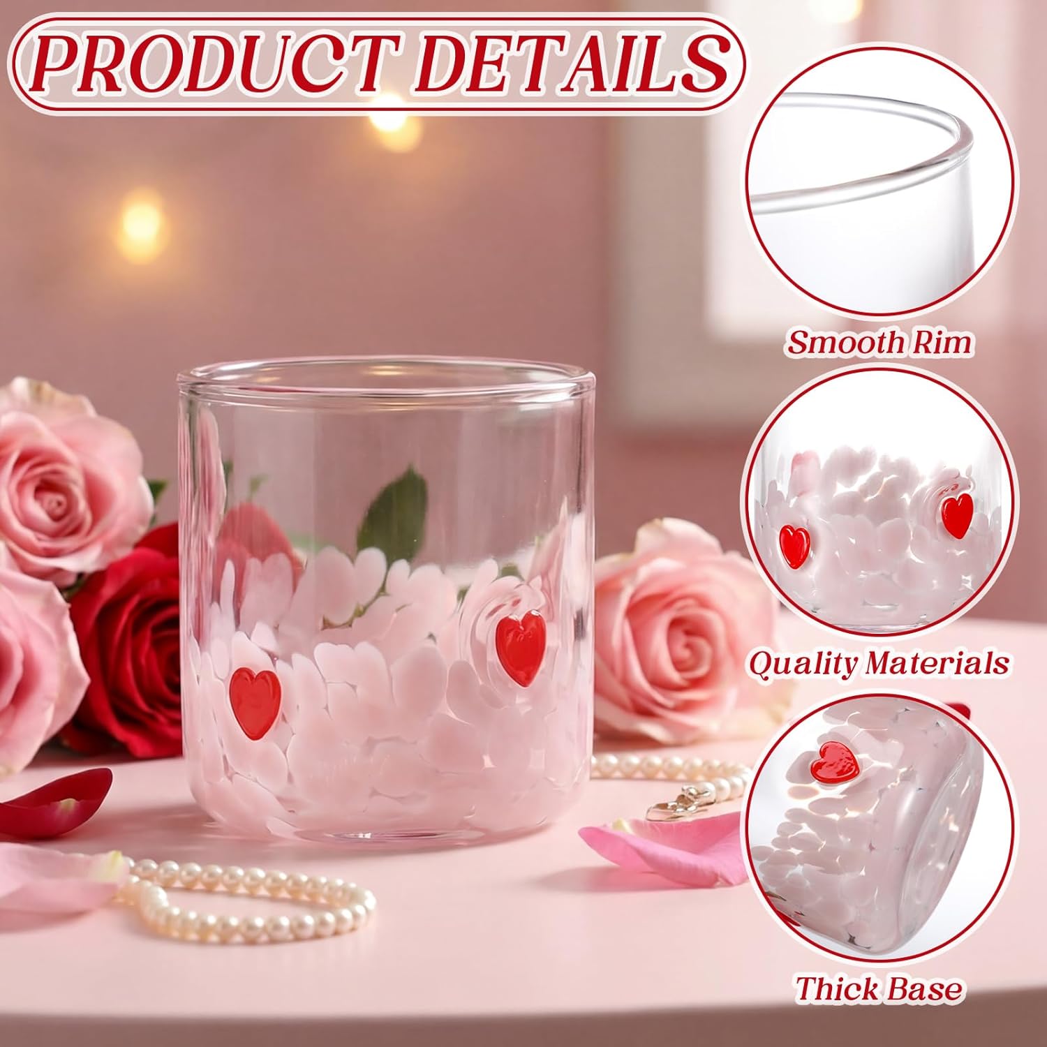 Yungyan 2 Pcs Valentine Icon Juice Glass 14oz Heart Cherry Drinking Cocktails Glasses Cute Pink White Stemless Wine Glasses Handblown Old Fashioned Couple Cups for Her Wife Women Birthday Lovely Gifts - Image 3
