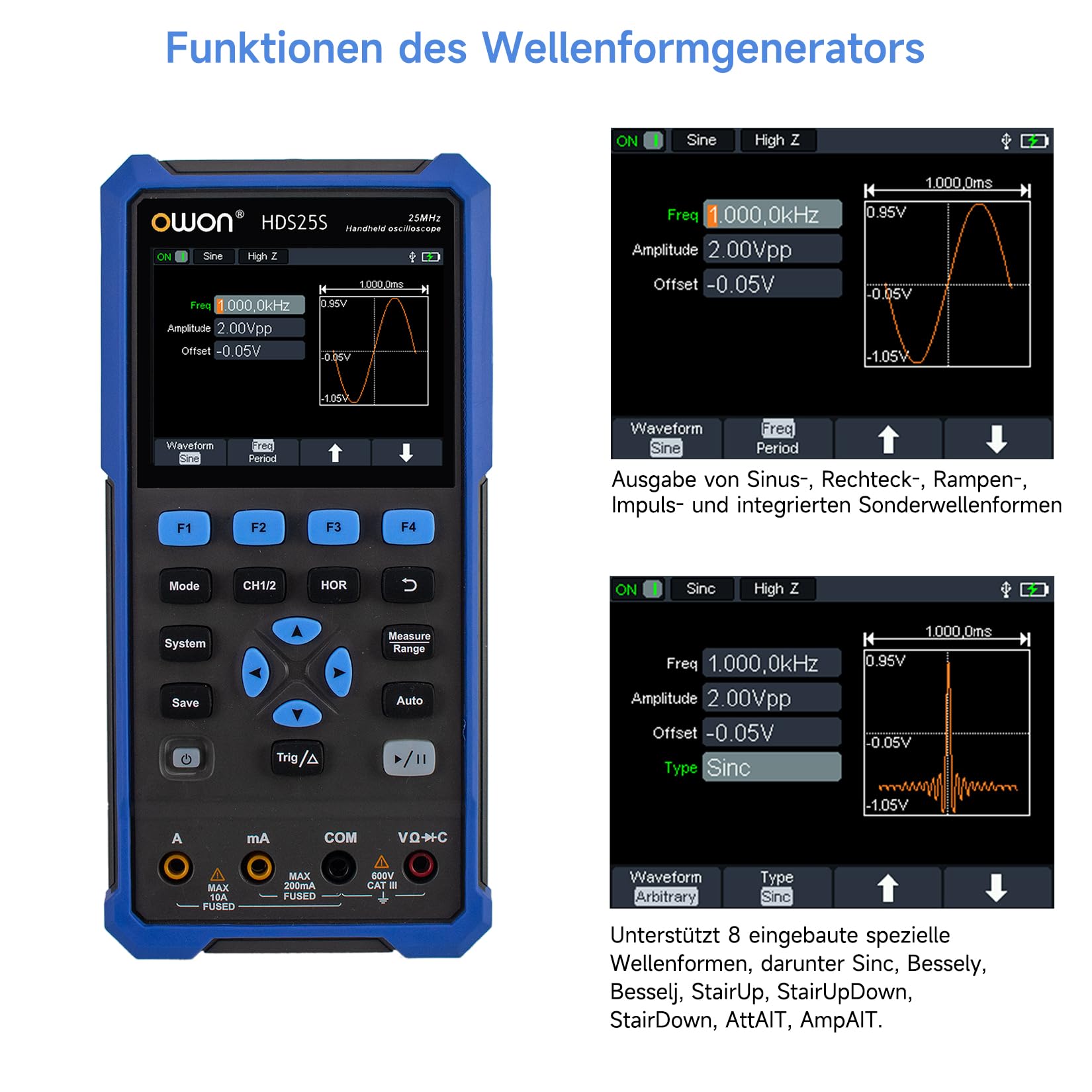 OWON Handoszilloskop, digitales Multifunktions-Oszilloskop-Multimeter, 20000 Zählwerte, tragbares 3-in-1-Universal-Testgerät, mit 3,5-Zoll-LCD-Bildschirmanzeige, 2 Kanäle, 25 MHz Bandbreite, HDS25S