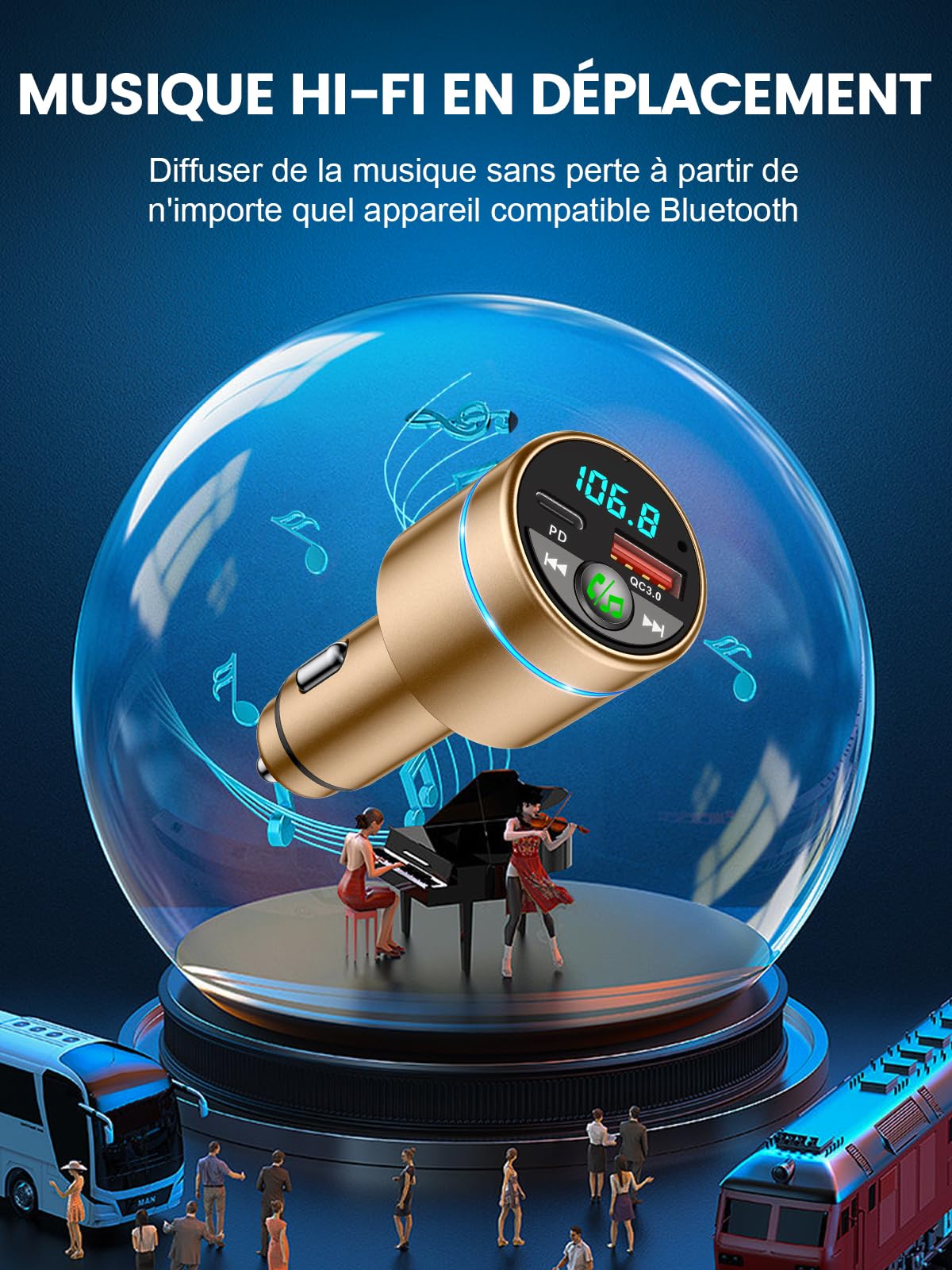 Mohard Transmetteur FM Bluetooth 5.3, Tout Métal Bluetooth Voiture, Chargeur Rapide de Voiture PD30W Type C+QC3.0, Adaptateur Bluetooth Autoradio, Suppression du Bruit, Appel Main Libre, Musique Hi-Fi