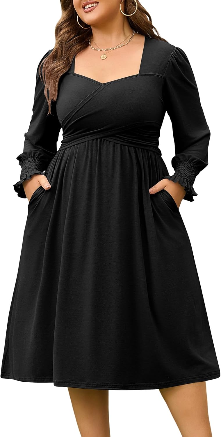 AMCLOS Women's Plus Size Casual Dress 2 Pockets Square Neck Back-Tie Crosswrap Bodice Elegant Work Business Long Sleeve