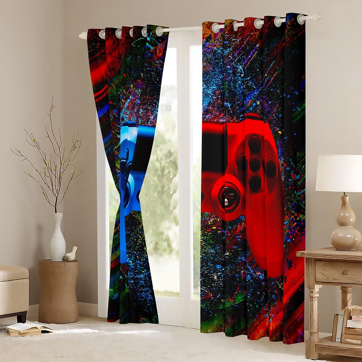 Teens Gamer Window Curtains for Bedroom Living Room Gaming Curtains Colorful Tie Dye Window Drapes for Boys Girls Kids Blue Red Video Game Gamepad Window Treatments W52*L63 - Image 3