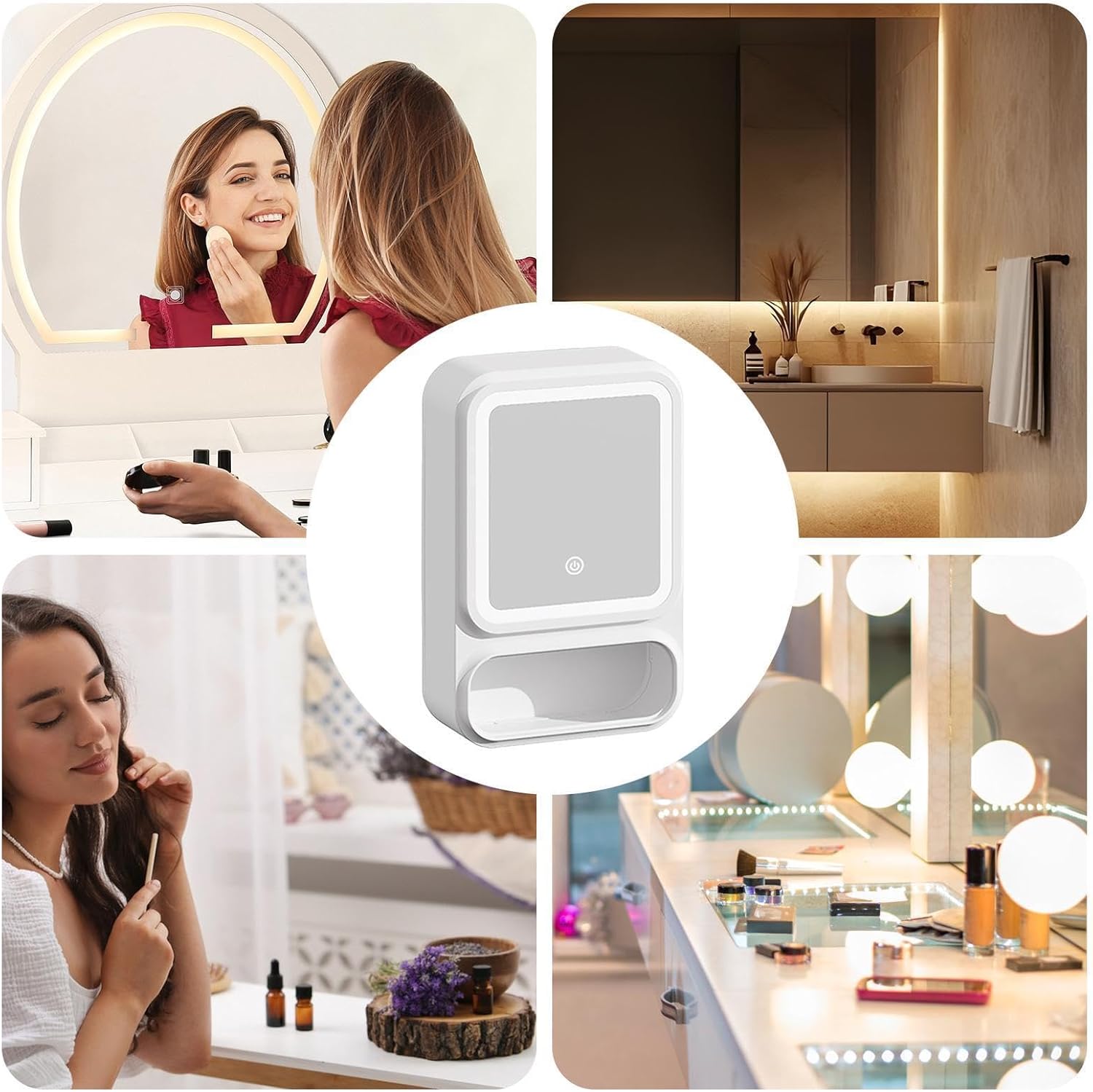 Vanity Mirror Cabinet, Bathroom Storage Organizer, LED Decor with Magnetic Door, Aid for Modern Homes, Home Supplies, Tissue Dispenser for Shampoo Makeup Bedroom Offices Mantel House Daily Routine