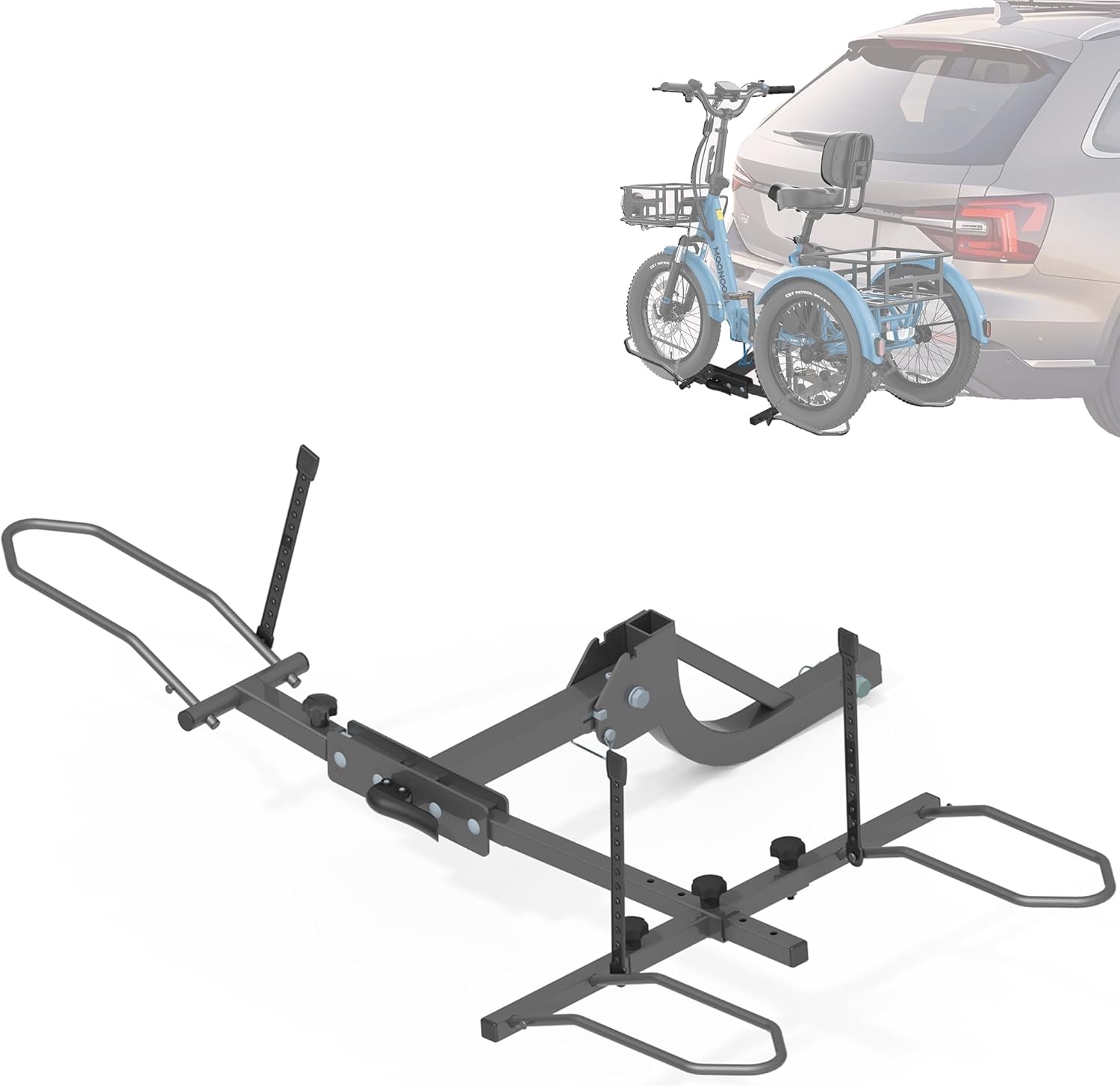 MOPHOTO Heavy-Duty Folding Trike Rack for Adult Tricycles, 170 lbs Hitch Mount Carrier, Fits 5" Fat Tires & 42.1"–59" Wheelbase, Rear Trike Rack with 2" Receiver for Cars, Trucks, SUVs, RVs