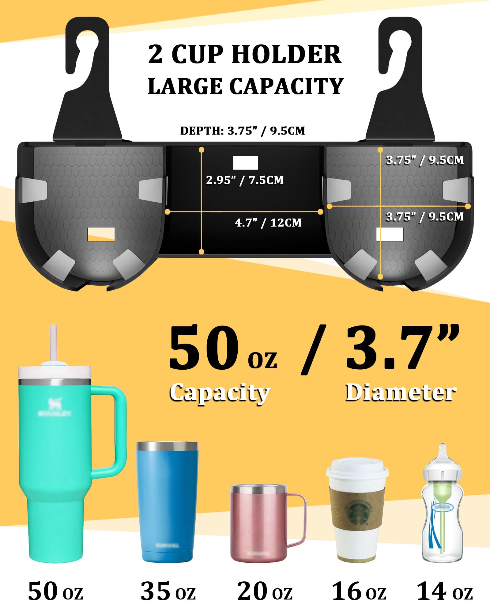 Car Headrest Backseat Cup Holder 3.7" with Organizer, High Capacity 4 in 1 Seat Back Organizer with Headrest Hooks, Multifunctional Storage for Car Travel Accessories Compatible with Most Vehicles