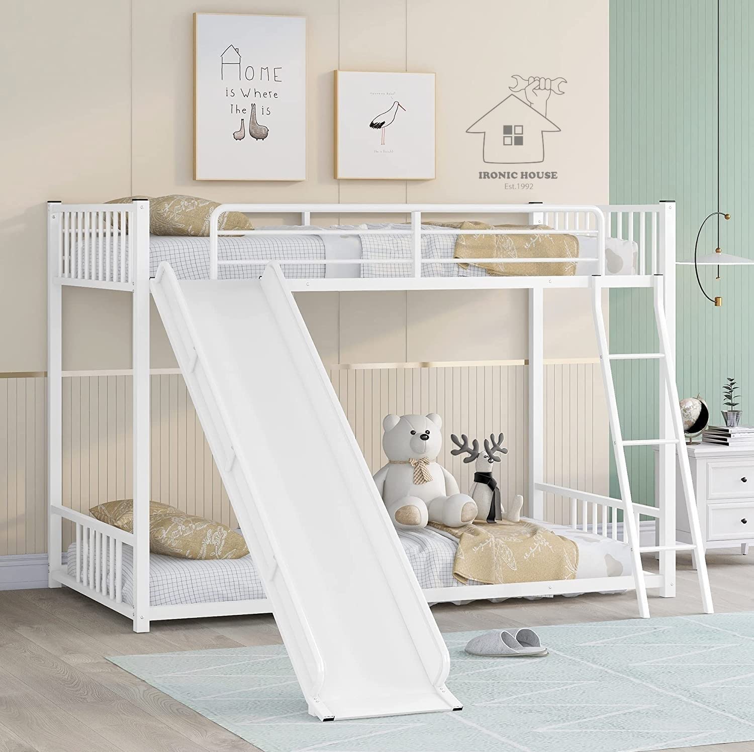 Ironic House Metal Bunk Beds Twin Over Twin With Slide for Kids, Heavy Duty With Ladder for Girls Boys, No Box Spring Required, White - Powder Coated-image-25