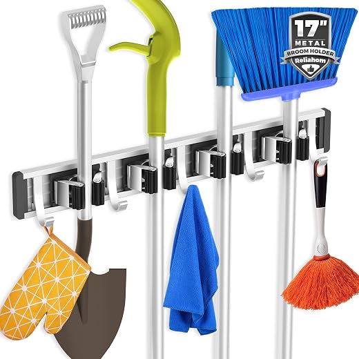 Broom Holder Mop Hanger Wall Mount Metal Organization Garage Storage System Garden Kitchen Tool Organizer (4 Racks with 5 Hooks, Black)
