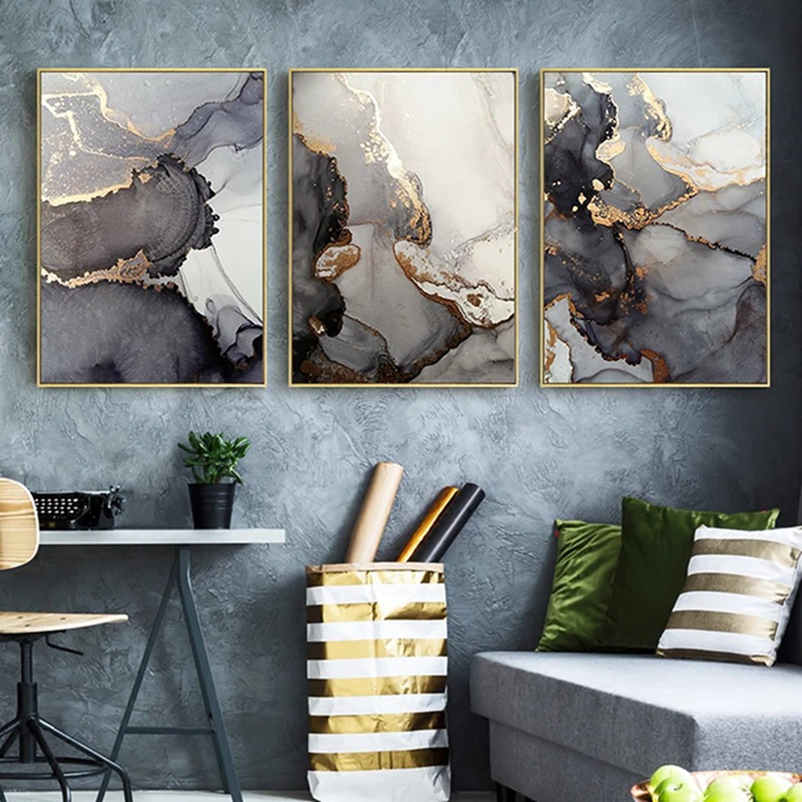 Lot De 3 Tableaux Sur Toile Sans Cadre - Décoration Murale Nordique Gris Bleu Doré Géométrique