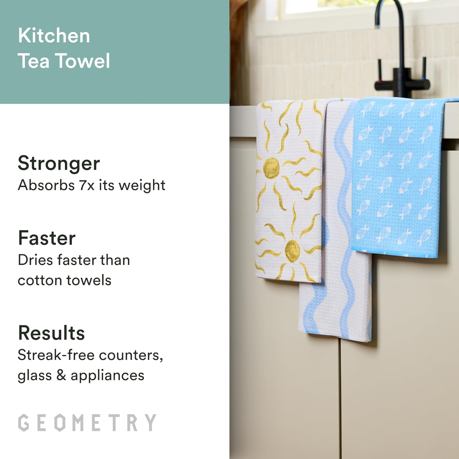 GEOMETRY Tea Towels – Spring & Summer Collection – Quick-Dry, Ultra-Absorbent, Reusable Microfiber Kitchen Towels for Drying & Cleaning - Horizon - 3 Pack