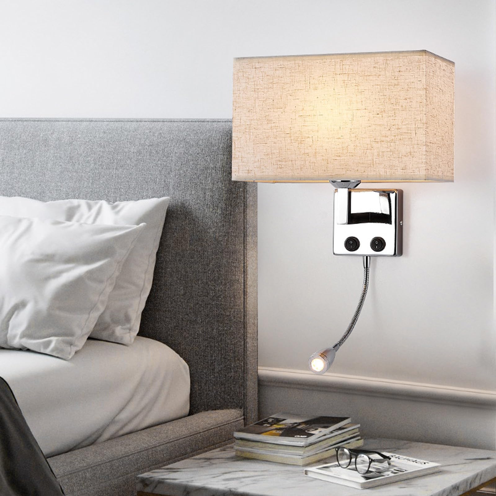 Luz de pared 360° rotación con casquillo E27 e interruptor doble para flexo de noche 8
