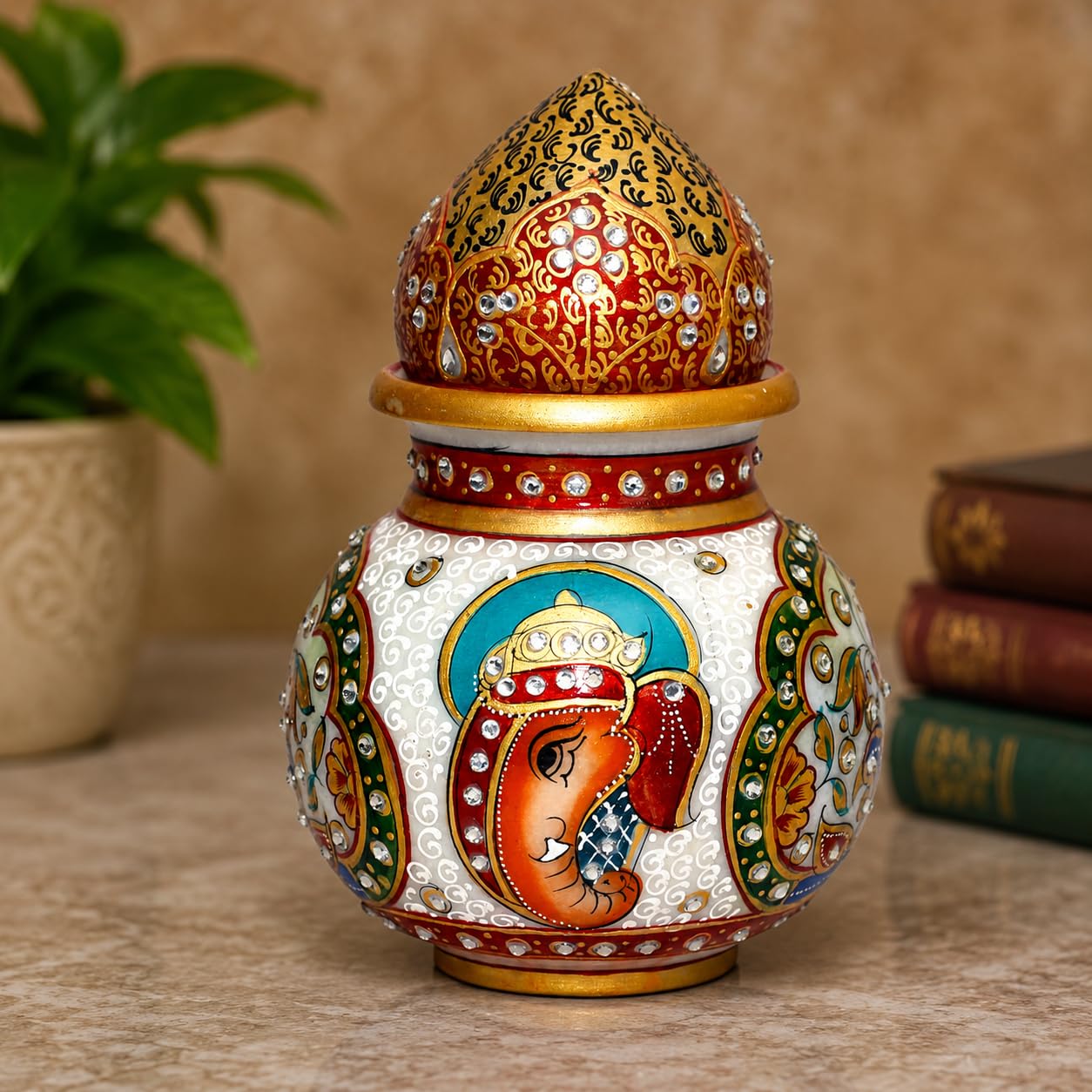 Anjali Arts Marble Handicraft Designer Decorative Kalash for Pooja |Ganesh Printed Design Handmade Meenakari Work Makarana Marble Kalash |(20 x 20 x12 CM) (Pack of 1) 4