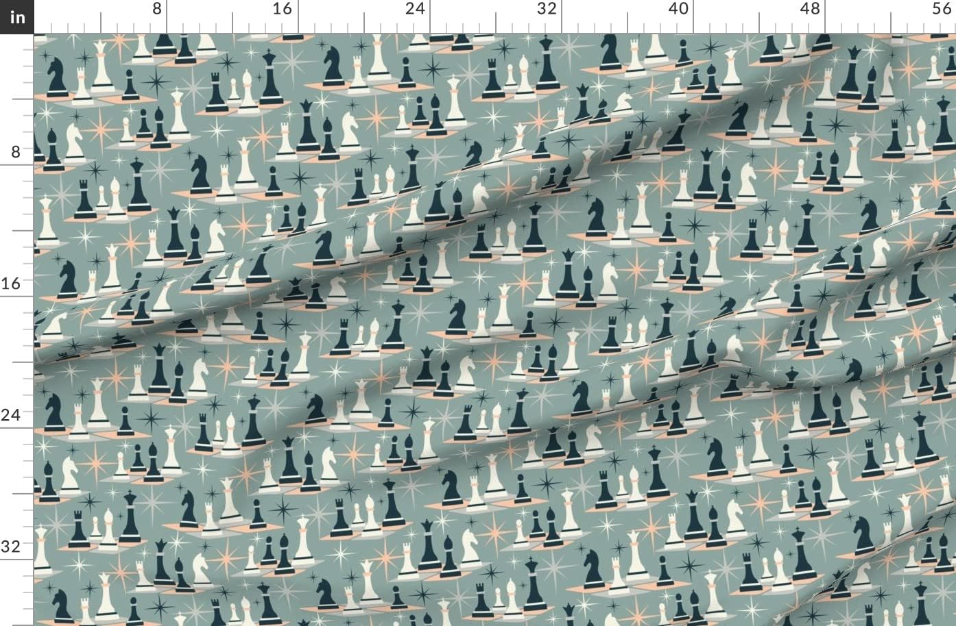 Spoonflower Fabric - Chess Pieces Retro Game Mod Toys Mid Century Printed on Organic Cotton Sateen Fabric by The Yard - Sewing Quilting Apparel Home Decor