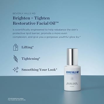 Beverly Hills MD Brighten + Tighten Restorative Face Oil- Reduce Wrinkles & Tone Skin, Anti-Aging Formula for an Even, Moisturized Complexion- Lighten Dark Spots on Face, Neck, Decollete w/Vitamin C