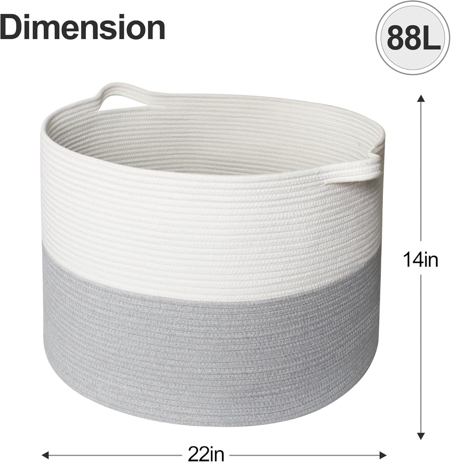 Extra Large Blanket Basket, 22"x14" Woven Cotton Rope Baskets for Organizing, Kids Dog Toy Bin Box, Large Wicker Blanket Storage for Living Room, Throw Pillow Holder Organizer, Gray/White