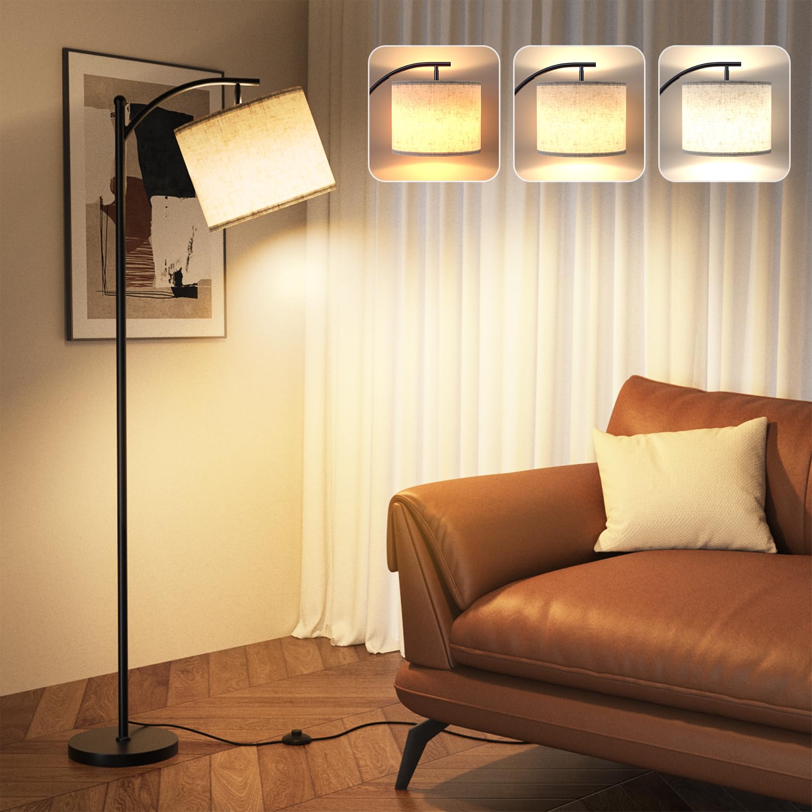 Stehlampe Wohnzimmer Dimmbar, Modern Standleuchte mit 3 Farbtemperaturen, Beigen Leinen-Lampenschirm, 12W Glühbirne inklusive, Fernbedienung und Fußschalterfür Wohnzimmer, Schlafzimmer, Büro