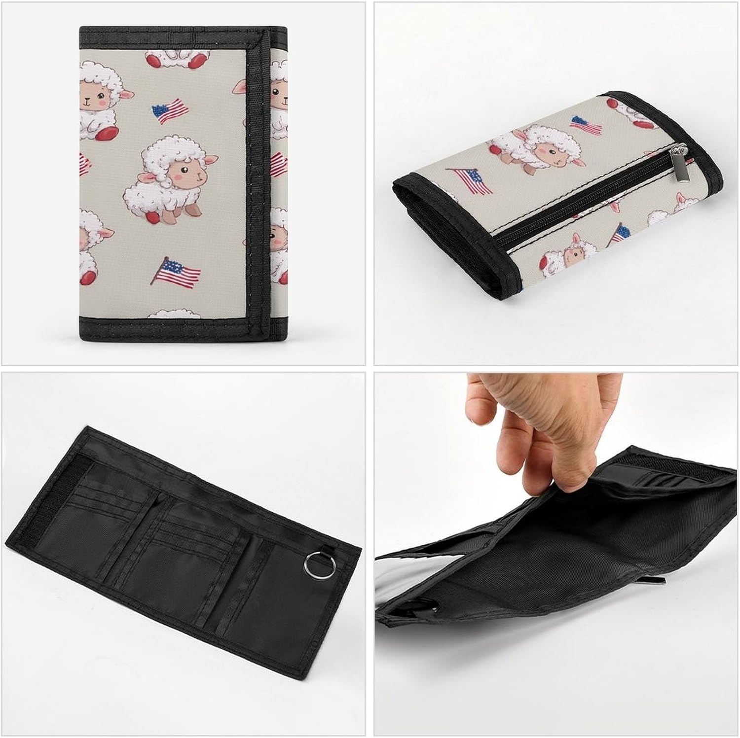 Lamb And U.S. Flag Trifold Slim Wallet Front Pocket With Money Clip And ID Credit Card Slots For Travel Work