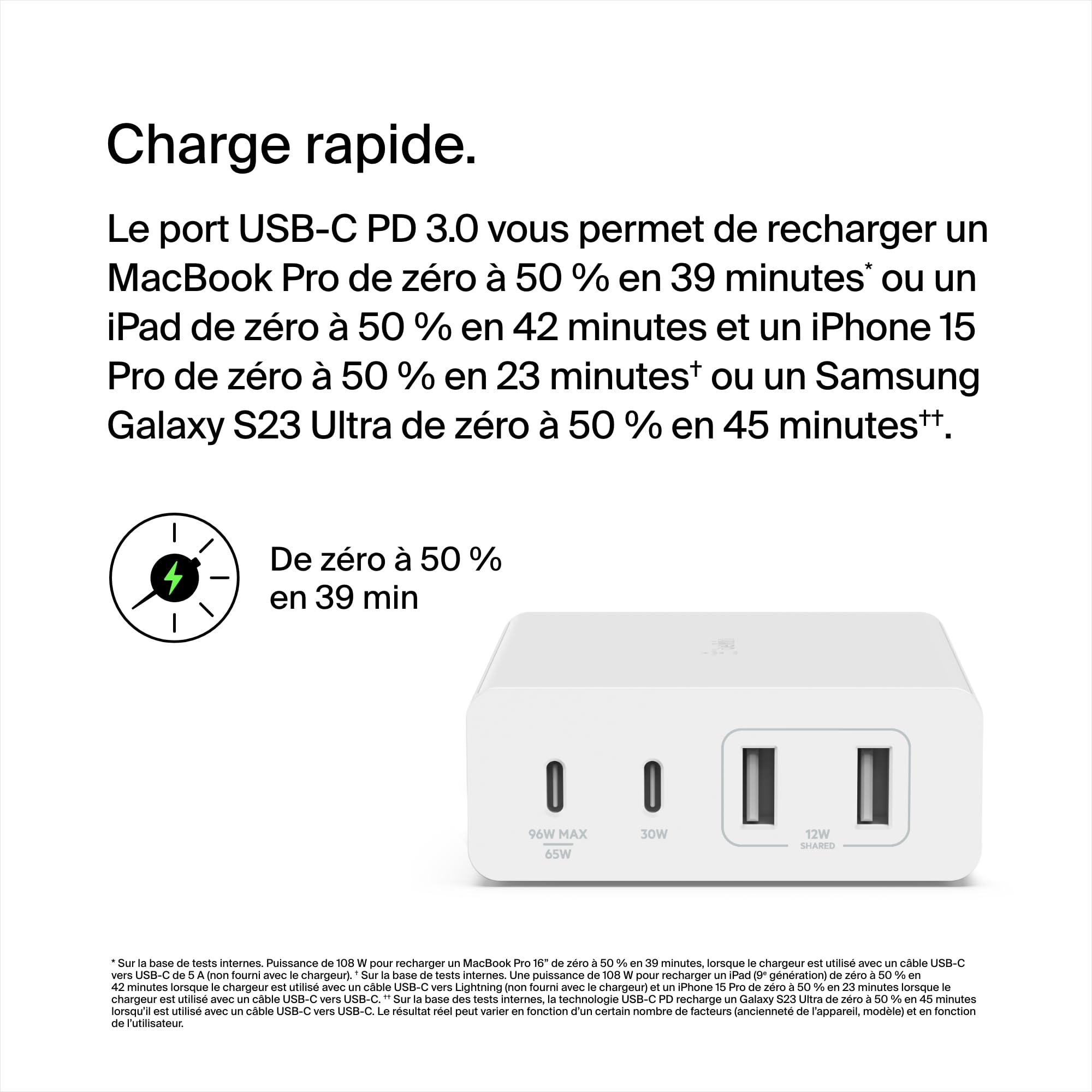 Belkin Chargeur USB GaN (108 W) pour plusieurs appareils, 2 ports USB-C et 2 ports USB-A, station de recharge rapide pour MacBook, Pro, Air, iPhone, iPad Pro, Air, Galaxy, Pixel, Apple Watch, etc.